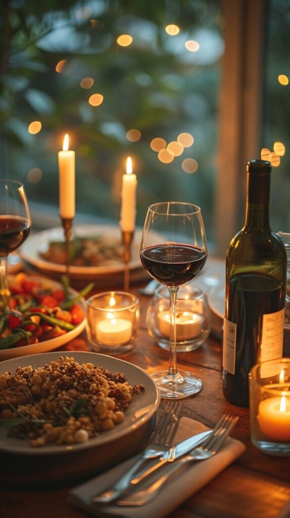 Cozy candlelit dinner with wine, quinoa salad, and fresh vegetables in a romantic setting.