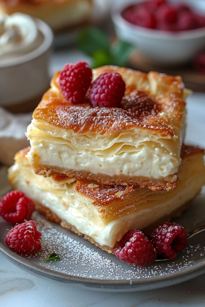 Flaky pastry dessert with cream filling, topped with fresh raspberries and powdered sugar on a plate.