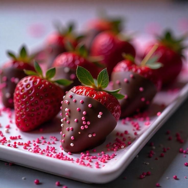 Chocolate-covered strawberries with pink sprinkles on a white plate. Perfect sweet treat for special occasions.