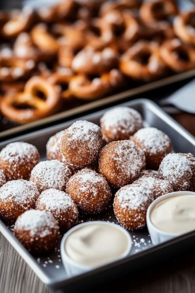 Powdered sugar doughnuts on a tray with two dipping sauces, freshly baked and ready to enjoy.