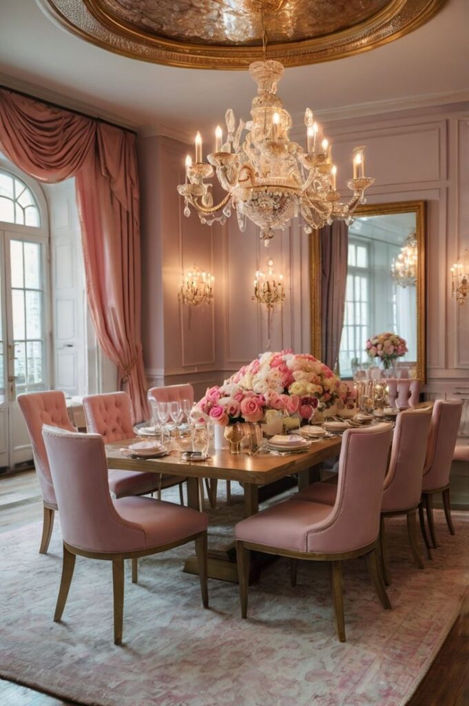 Elegant dining room with pink chairs, opulent chandelier, and floral centerpiece on a wooden table. Luxurious decor.