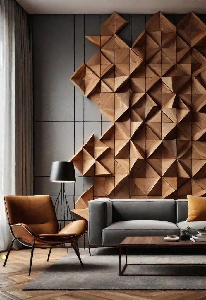 Modern living room with geometric wood wall art, grey sofa, brown chair, and stylish lamp.