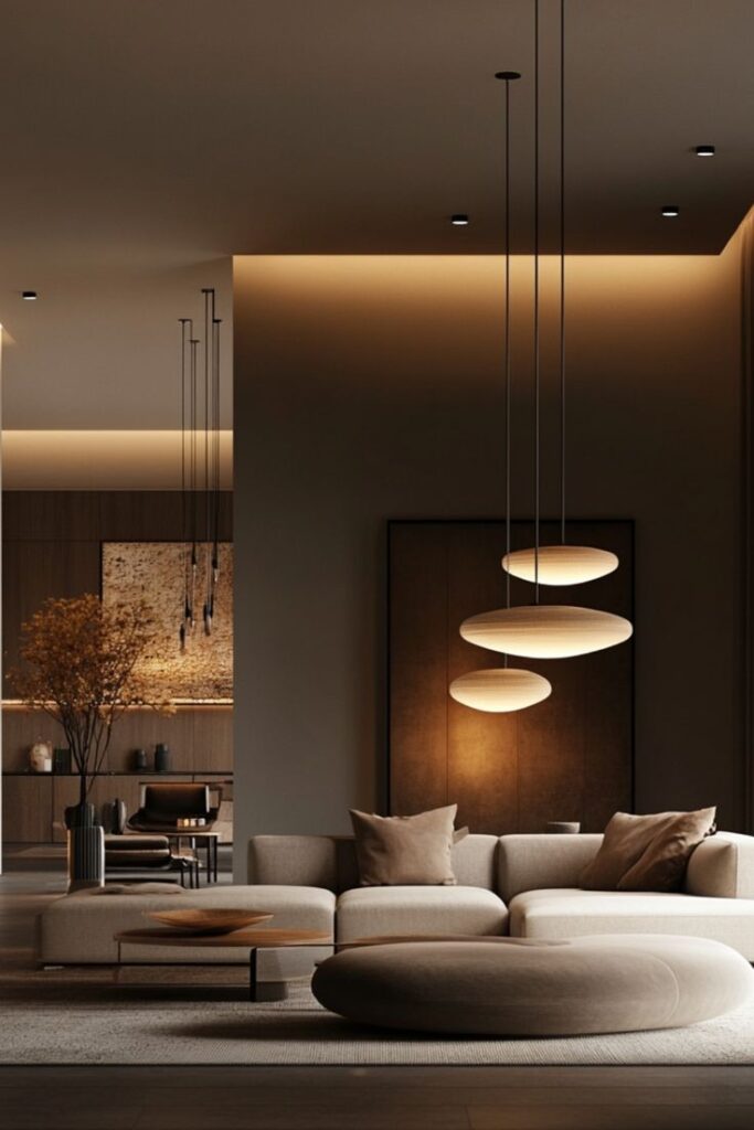 Modern living room with sleek pendant lights, beige sofa, and minimalist decor, creating a warm, cozy ambiance.