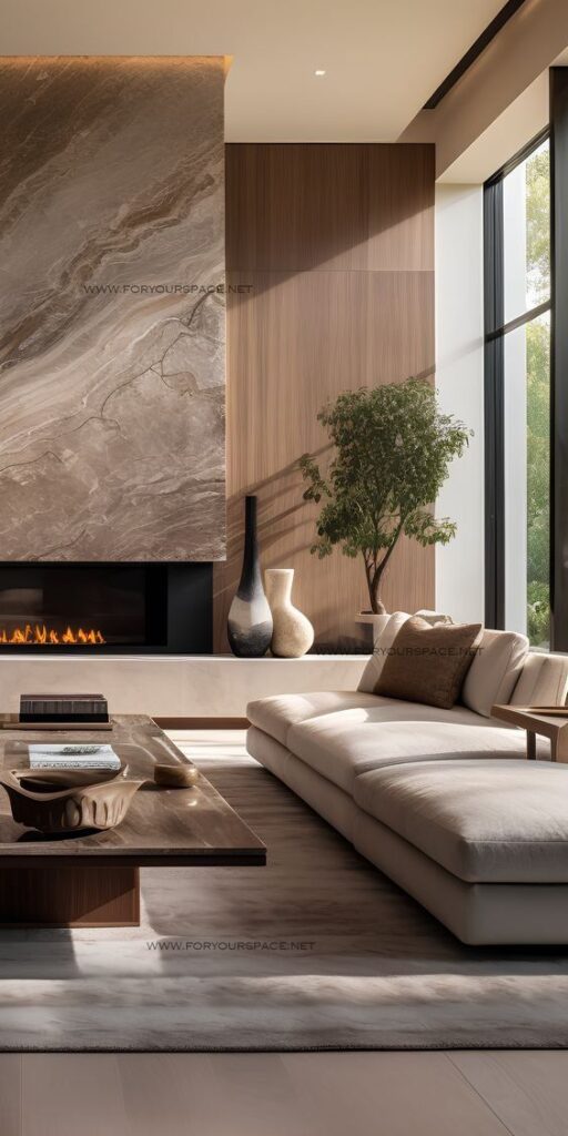 Modern living room with beige sofa, wooden accents, large marble fireplace, and cozy decor elements.