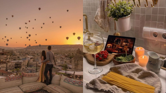 Couple enjoys hot air balloons at sunset; cozy kitchen setup with wine, candles, and pasta preparation.