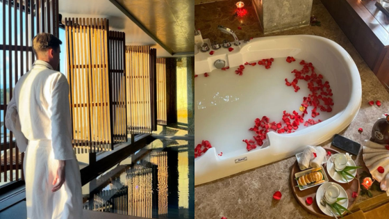 Luxurious spa experience with indoor pool and rose petal bath, creating a serene and romantic atmosphere.