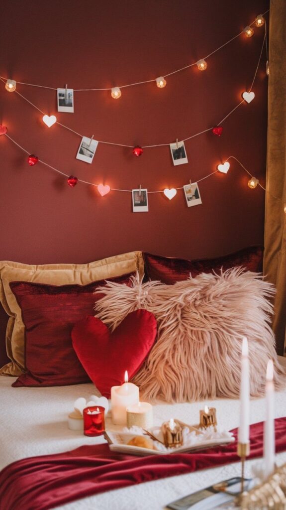 Cozy bedroom with heart-shaped lights, red pillows, and candles creating a romantic ambiance.