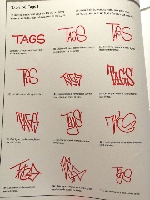 Hand-drawn graffiti styles with the word TAGS in various artistic fonts for typography exercises.