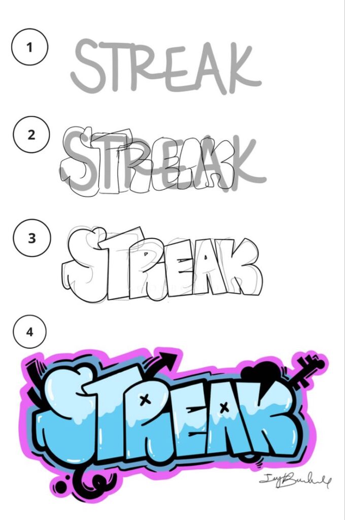 Text STREAK evolving from simple to colorful graffiti style. Four stages shown, with final vibrant design.