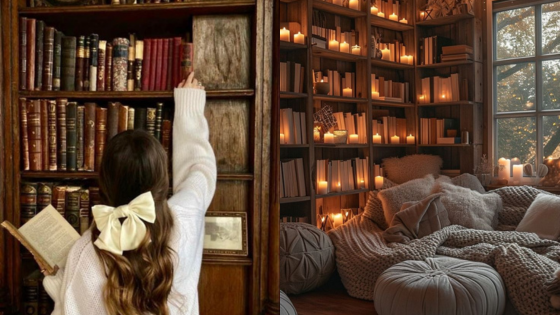 Woman in a cozy library, reaching for a book with a reading nook lit by candles, creating a warm atmosphere.