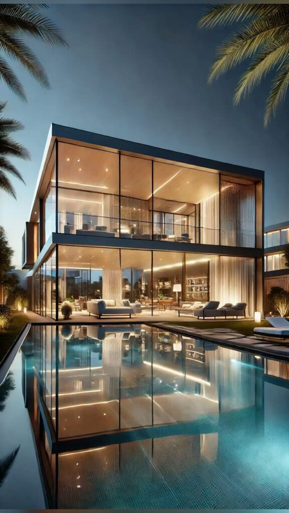 Modern luxury house with glass walls and pool, illuminated at night, surrounded by palm trees.