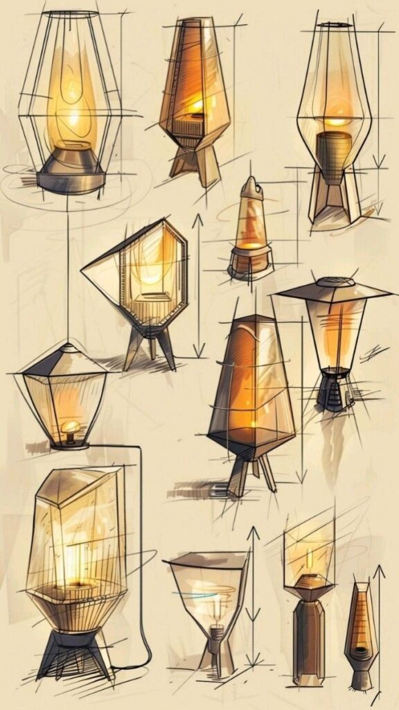 Sketches of modern lamp designs featuring geometric shapes and warm lighting concepts on a beige background.