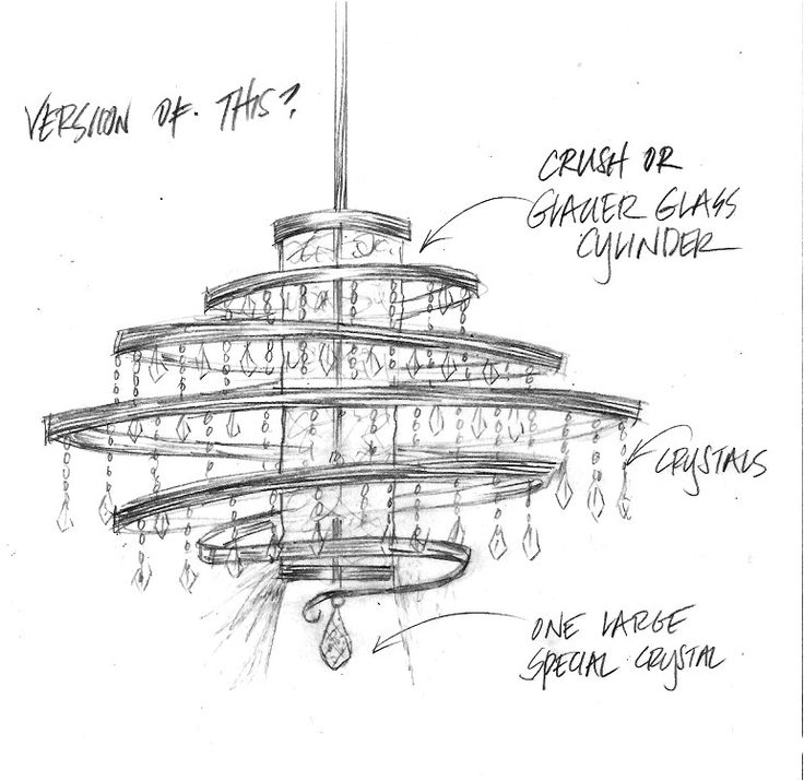 Sketch of an elegant chandelier design with glass cylinders and crystals.