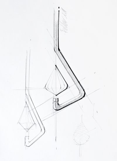 Sketched industrial design of two abstract hanging structures with angular lines and geometric shapes.