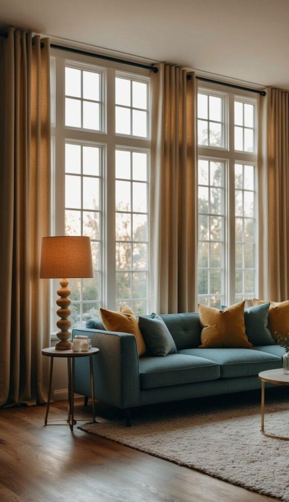 Cozy living room with large windows, blue sofa, yellow pillows, and warm lighting from a stylish lamp.