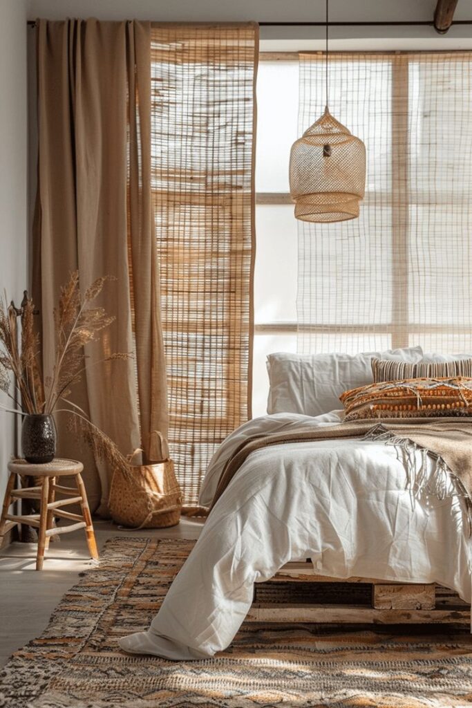 Cozy bedroom with rustic decor, featuring natural lighting, woven elements, neutral tones, and plush bedding.