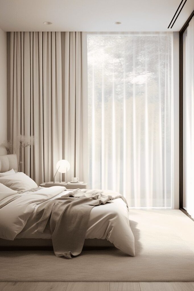 Minimalist bedroom with beige curtains, cozy bed, and soft lighting for a serene and peaceful atmosphere.