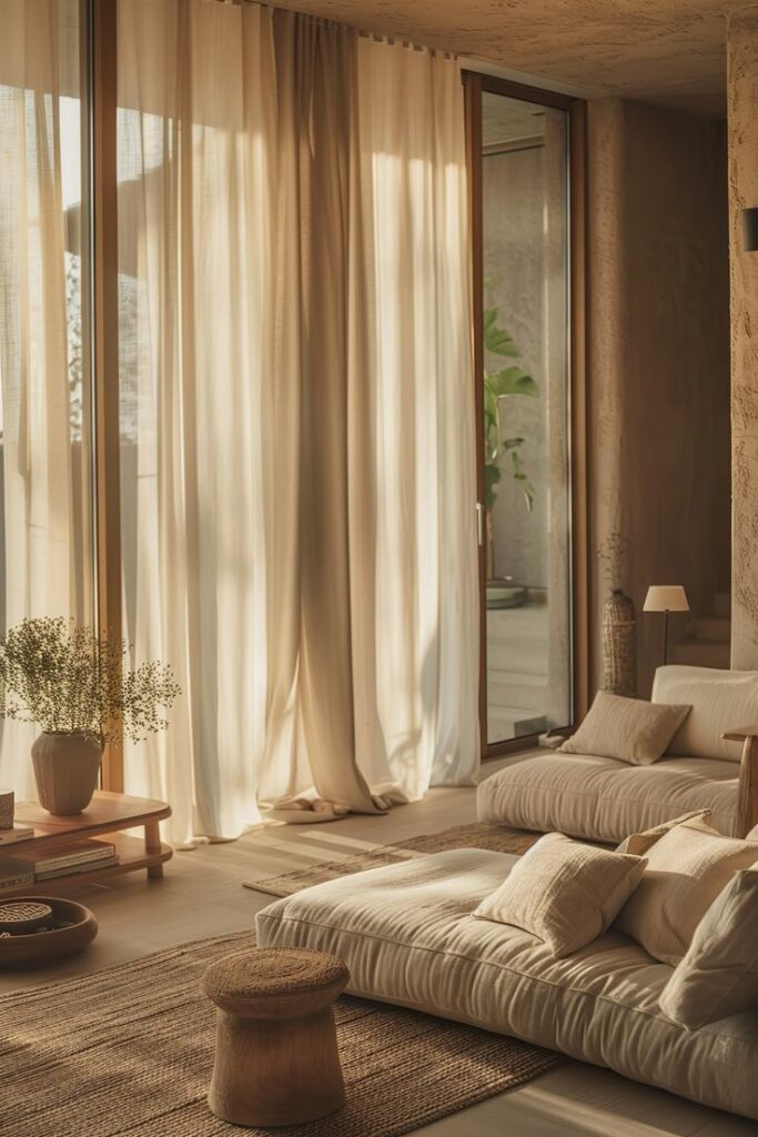 Minimalist room with beige floor cushions, sheer curtains, and natural light. Cozy, serene interior design.