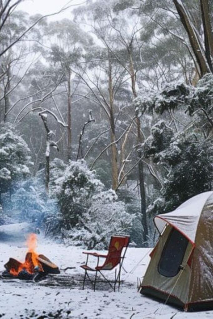 Snowy forest campsite with tent, chair, and campfire; serene winter outdoor adventure.