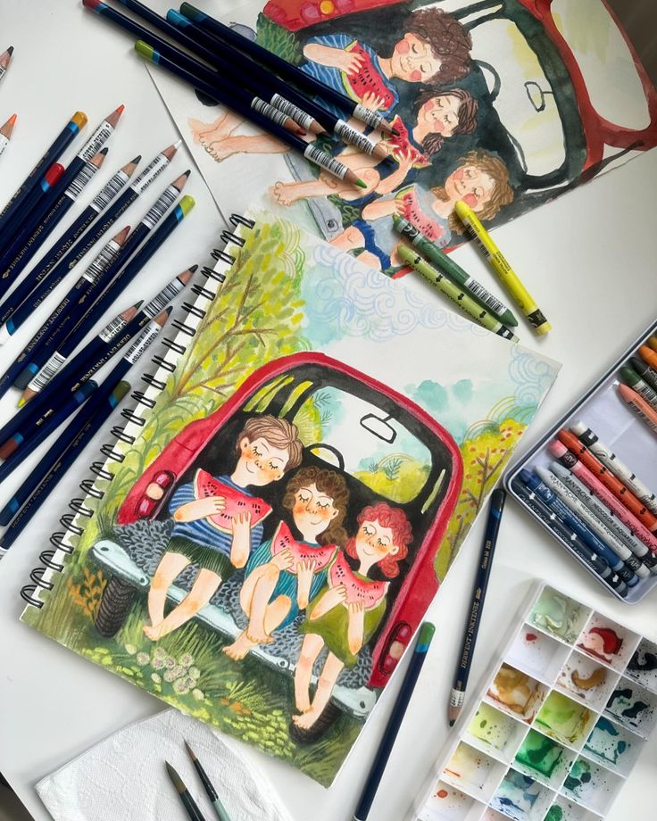 Illustration of three kids enjoying watermelon in a car, surrounded by art supplies.