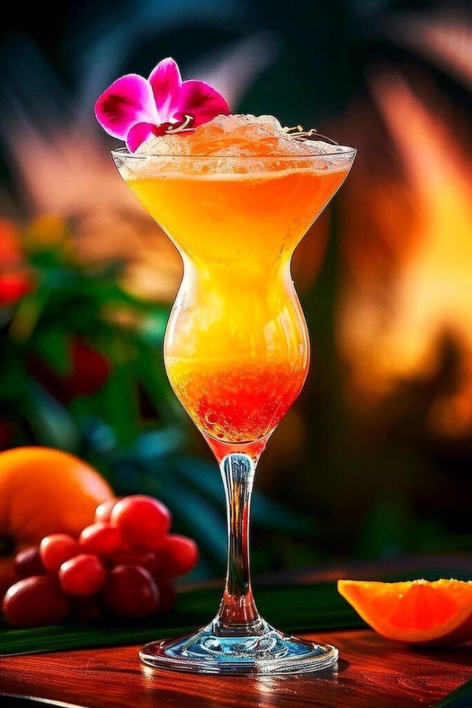 Exotic sunset cocktail in a glass with vibrant colors and a flower garnish, surrounded by fresh fruits.