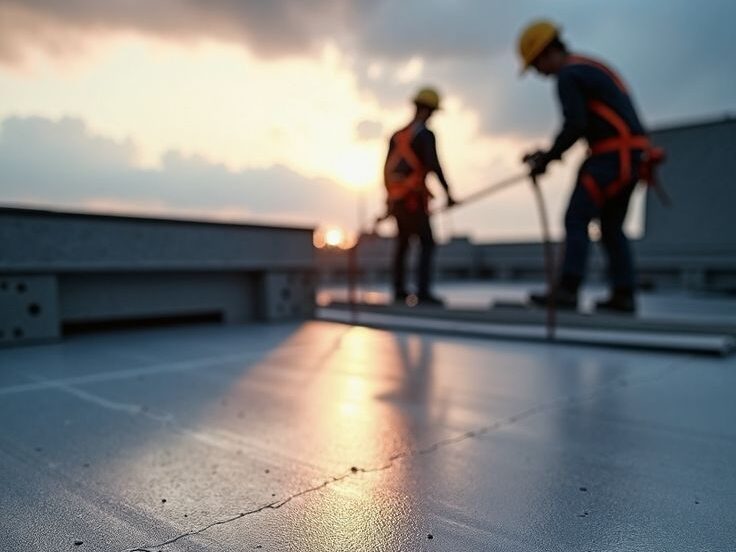 Construction workers at sunset on a rooftop, silhouetted against a cloudy sky, with a focus on the reflective surface.