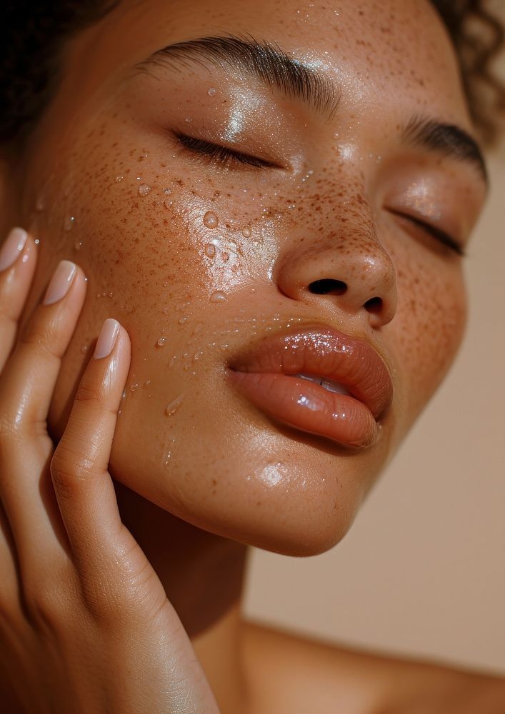 Close-up of a person's face with glowing, dewy skin and freckles, showcasing a natural skincare look.