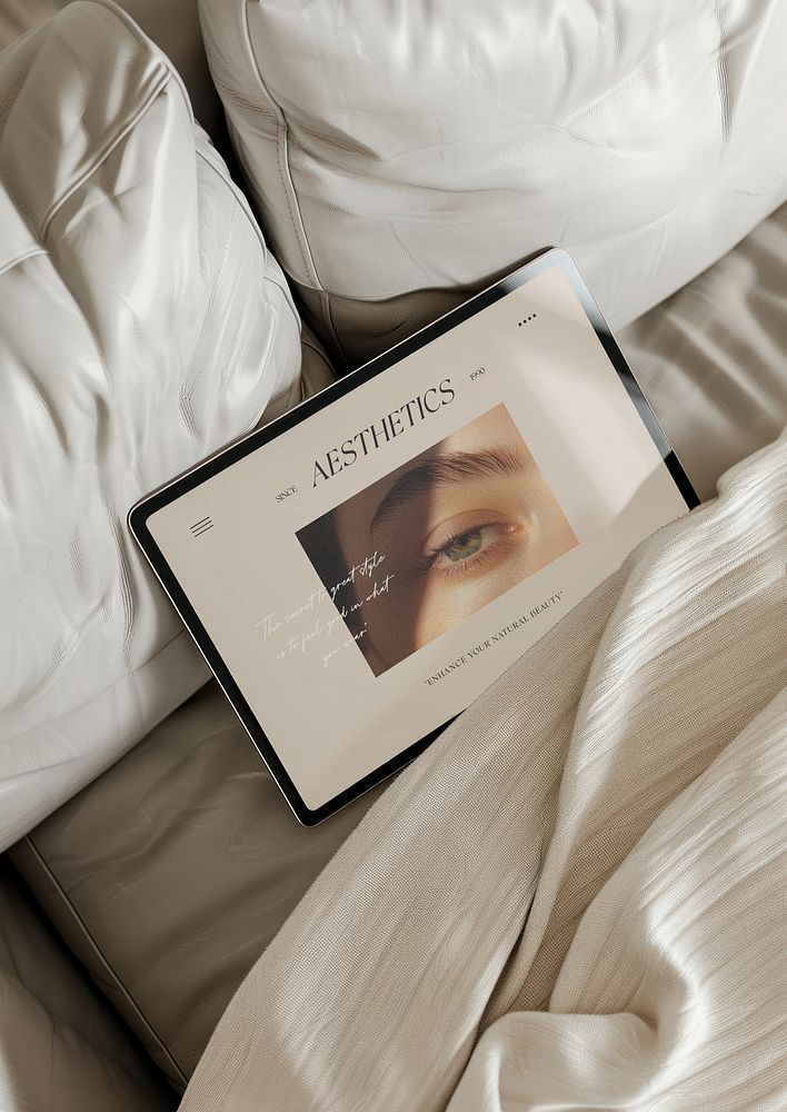 Tablet displaying aesthetic website on a cozy bed setting, featuring an eye close-up.