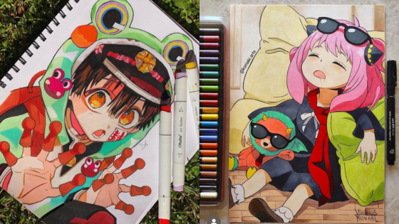 Anime fan art of two characters, left uses markers, right with colored pencils, both wearing colorful outfits and accessories.