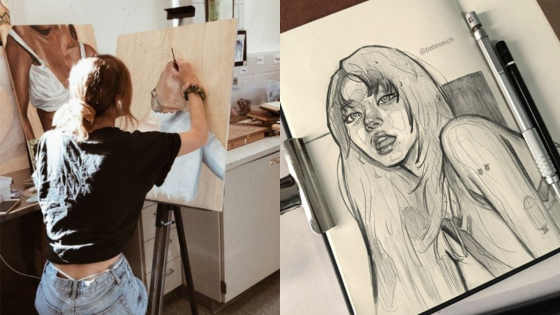 Artist painting a portrait on canvas alongside a sketchbook drawing of a woman, pencils lying beside the sketch.