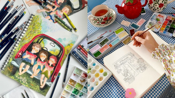 Colorful watercolor art supplies with vibrant illustration and sketch on table. Perfect for creative inspiration.