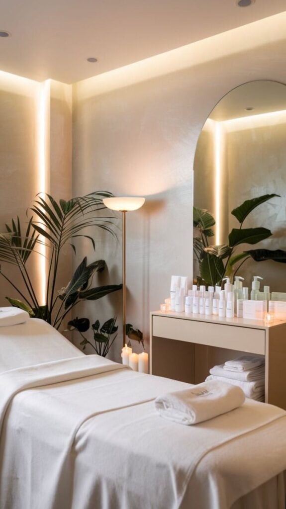 Luxury spa treatment room with massage table, candles, and skincare products, creating a relaxing ambiance.