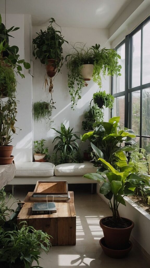 Cozy room with abundant indoor plants, white sofa, wooden table, and large windows offering natural light.