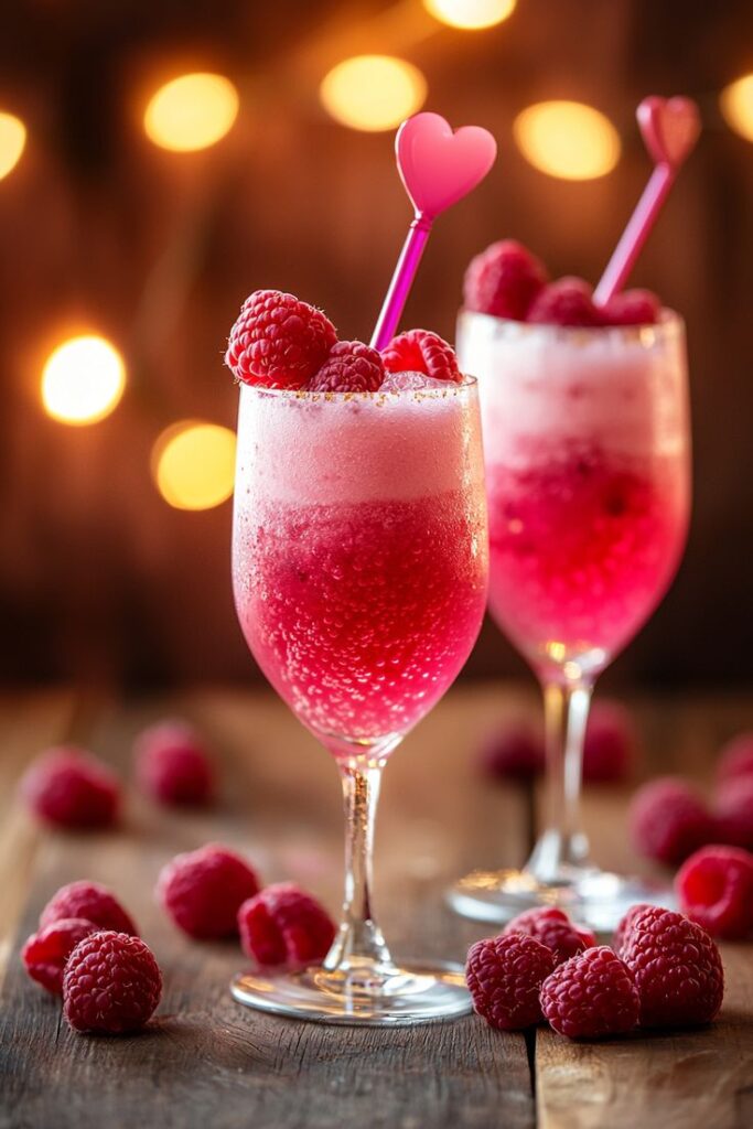 Two glasses of pink raspberry cocktails with heart-shaped stirrers on a wooden table, festive lights in background.