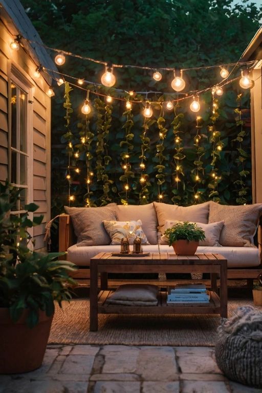 Cozy patio with string lights, sofa, and plants creating a warm atmosphere for outdoor relaxation.