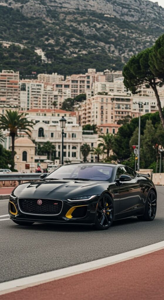 Luxurious black sports car cruising past elegant architecture in a picturesque cityscape.