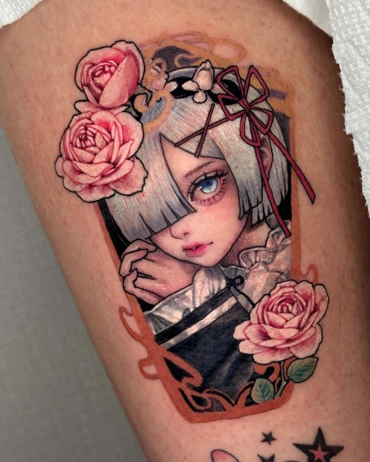 Anime-themed tattoo with roses and detailed character on a leg. Bright colors and intricate design.