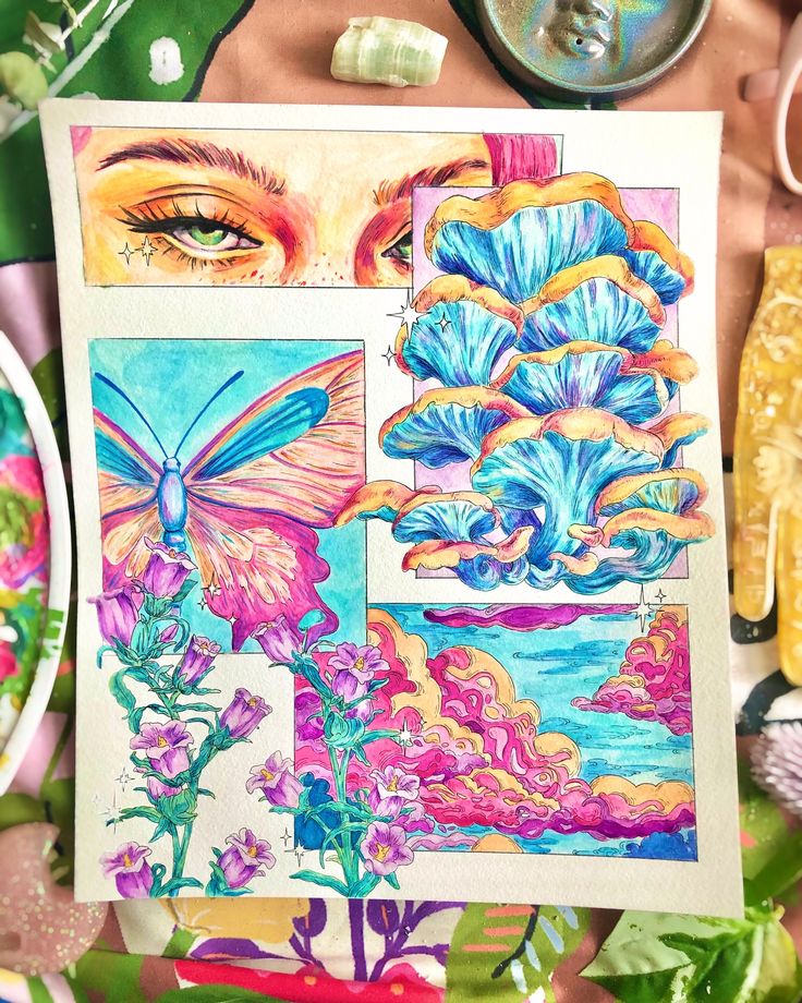 Colorful surreal artwork featuring an eye, butterfly, mushrooms, and flowers in vibrant, dreamy hues.