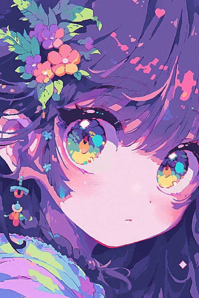 Anime girl with colorful eyes, floral hair decoration, vibrant art style, close-up portrait.