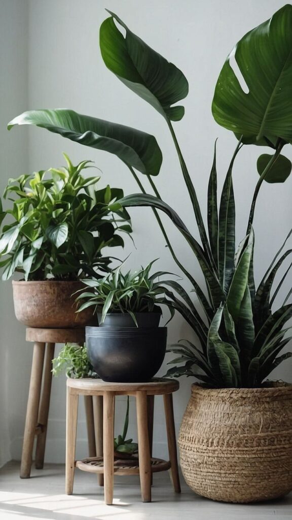 Assorted potted indoor plants on wooden stands in natural light.