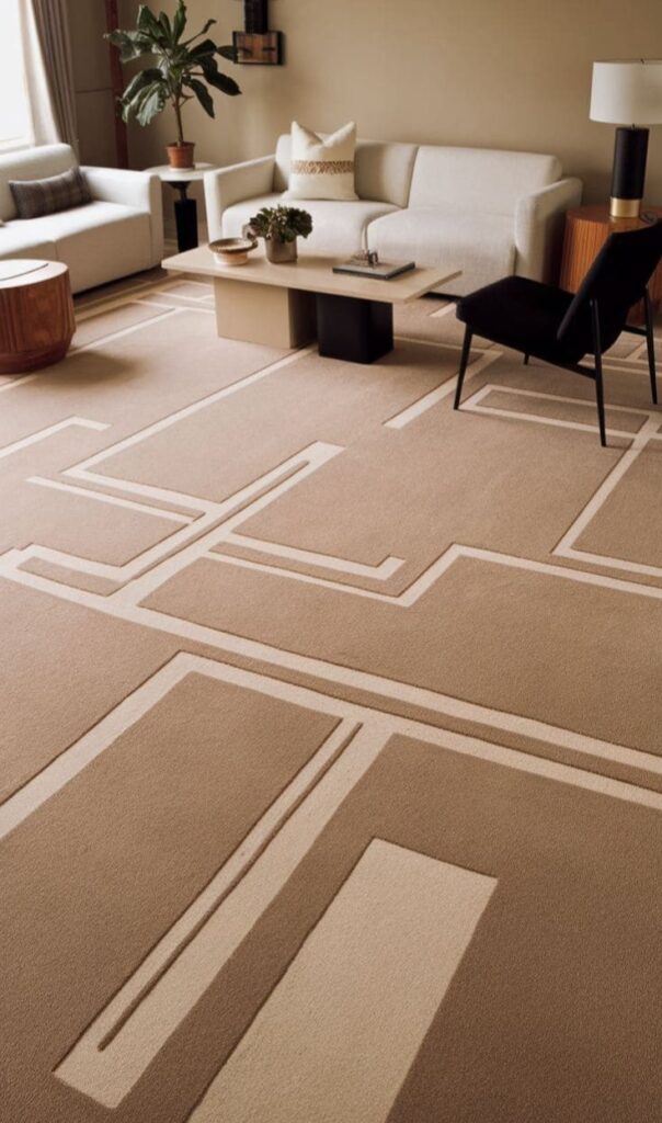 Modern living room with geometric carpet, cream sofas, black chair, and minimal decor for a cozy, stylish ambiance.