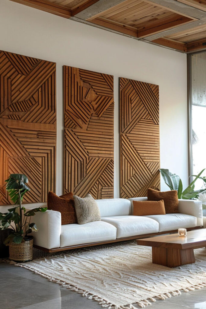 Modern living room with geometric wooden art, white sofa, cozy pillows, and plants on a patterned rug.