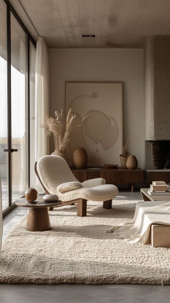 Minimalist living room with cozy chair, wooden table, textured rug, and earthy decor by large window.