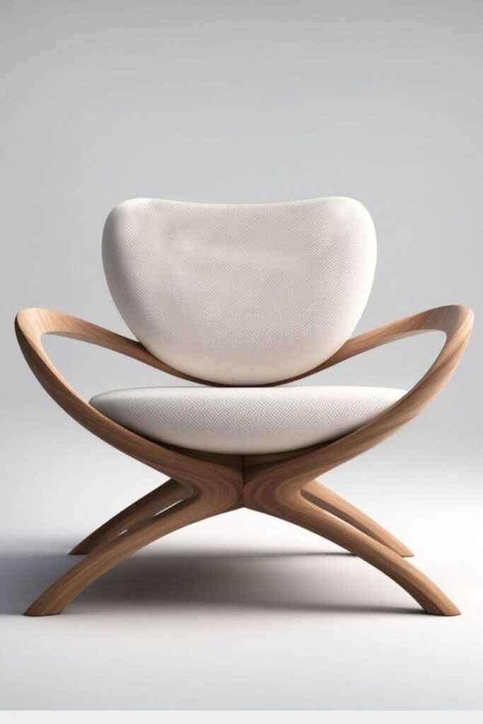 Stylish modern armchair with white cushioning and unique wooden frame design on a neutral background.