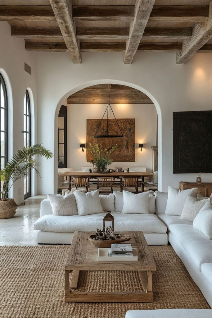 Modern rustic living room with white sofa, wooden coffee table, and dining area under exposed beam ceiling.