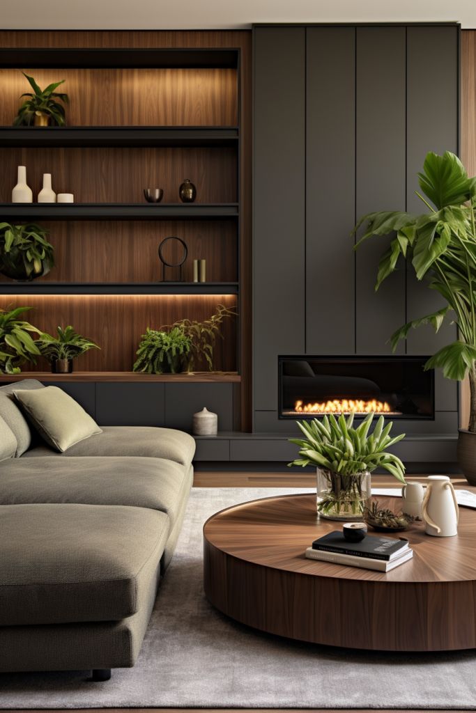 Modern living room with cozy sofa, wood table, lush plants, and a sleek built-in fireplace.