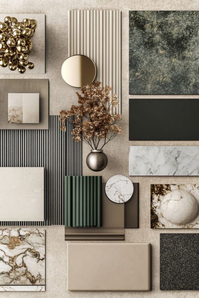 Collage of textured materials: marble, ceramic, and metal swatches with decorative accents and floral arrangement.