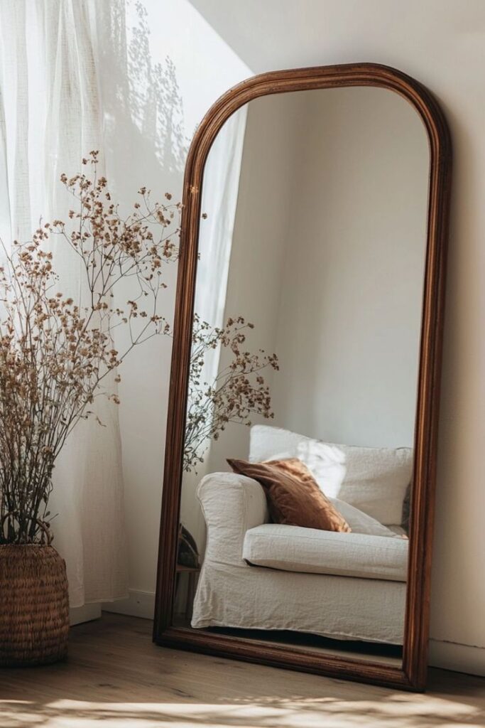 Large arched mirror reflecting cozy sofa with brown pillow, dry plants beside, bright peaceful room.