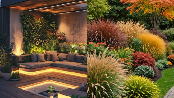 Modern outdoor patio with lush vertical garden and cozy seating on the left; vibrant autumn garden on the right.