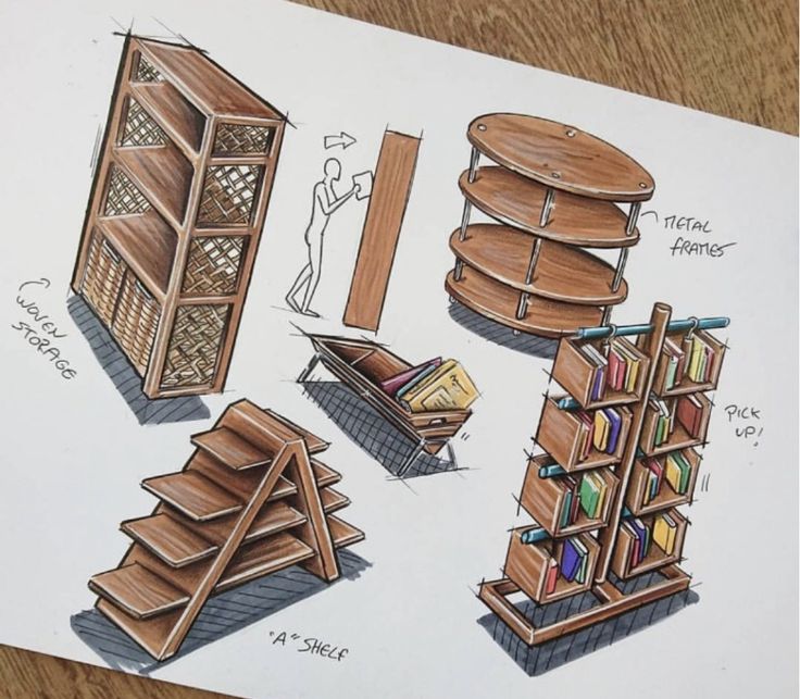 Illustrated furniture designs: woven storage, metal frame shelves, book-holder, and A-shelf concept.